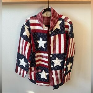 80s VINTAGE “PATCH MAGIC” PATCHWORK AMERICAN FLAG JACKET SIZE XL. Fourth of July